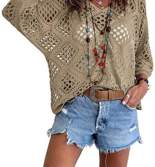 Janice - Boho V-Neck Diamond Hollow Batwing Sleeve Sweater