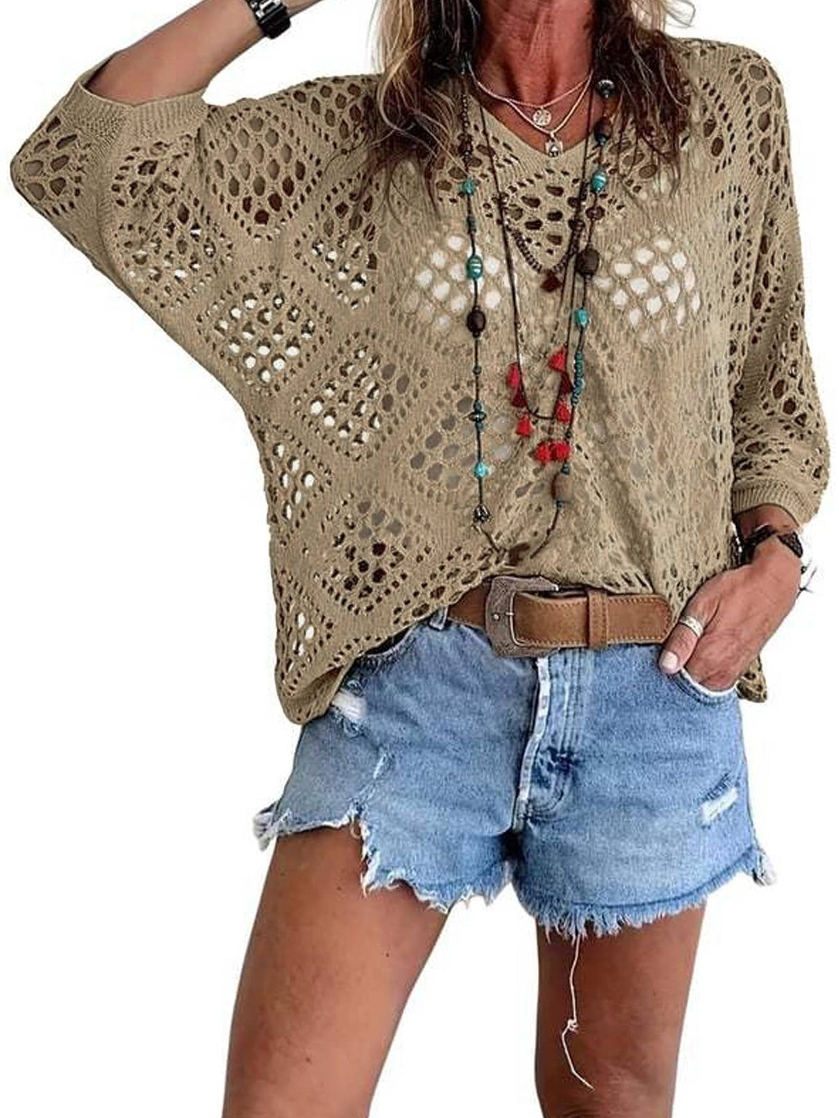 Janice - Boho V-Neck Diamond Hollow Batwing Sleeve Sweater