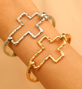 Hammered Open Cross Bangle - Silver or Gold