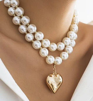 Audrey - PEARL BEADED LAYERED HEART NECKLACE