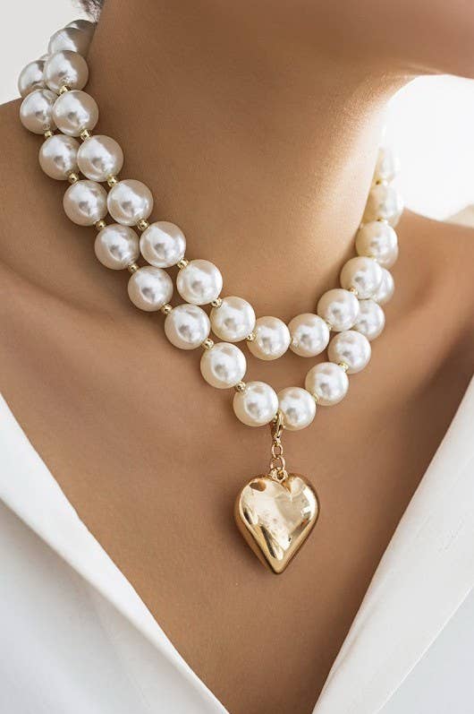 Audrey - PEARL BEADED LAYERED HEART NECKLACE