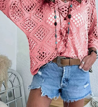 Janice - Boho V-Neck Diamond Hollow Batwing Sleeve Sweater