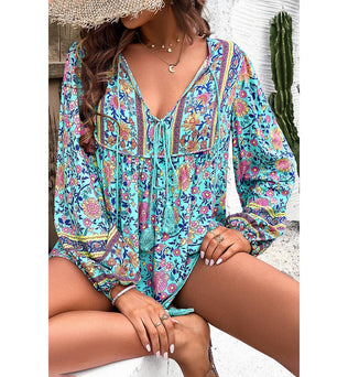 Yaya-Floral Print Cross Deep V Boho Top