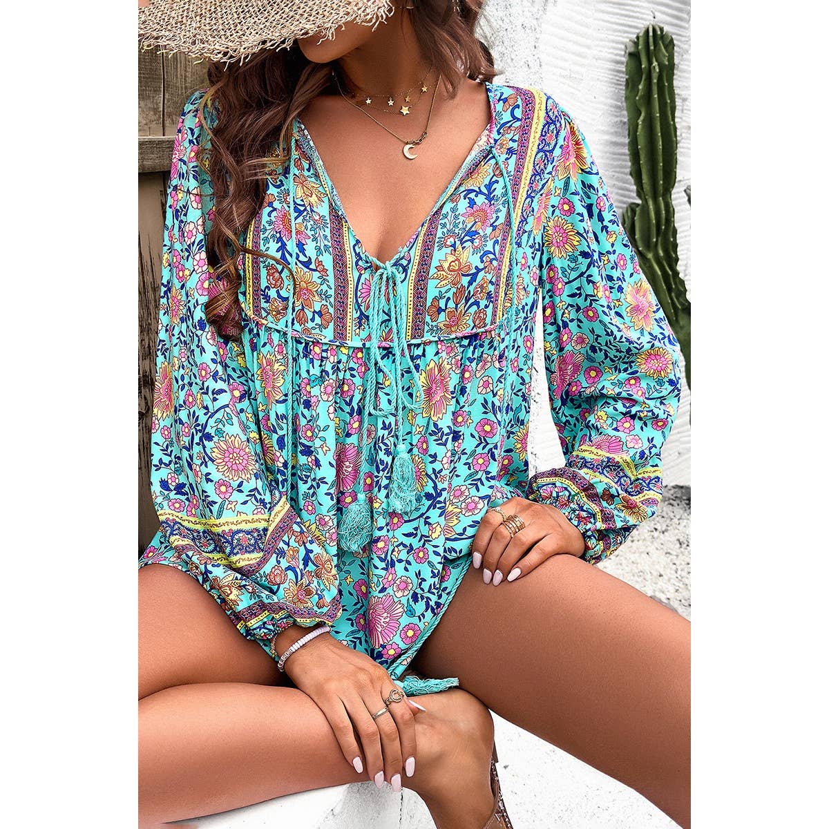Yaya-Floral Print Cross Deep V Boho Top