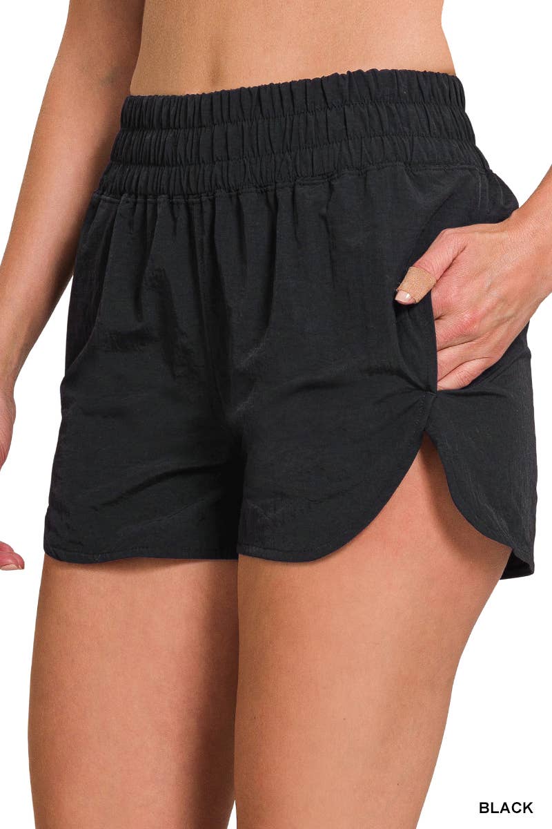 Windbreaker Smocked Waistband Track Shorts w/ Pocket