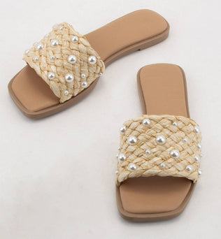 Panama-PEARL DECOR RAFFIA WOVEN UPPER SLIDE SANDAL