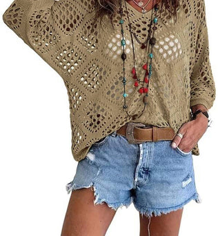 Janice - Boho V-Neck Diamond Hollow Batwing Sleeve Sweater