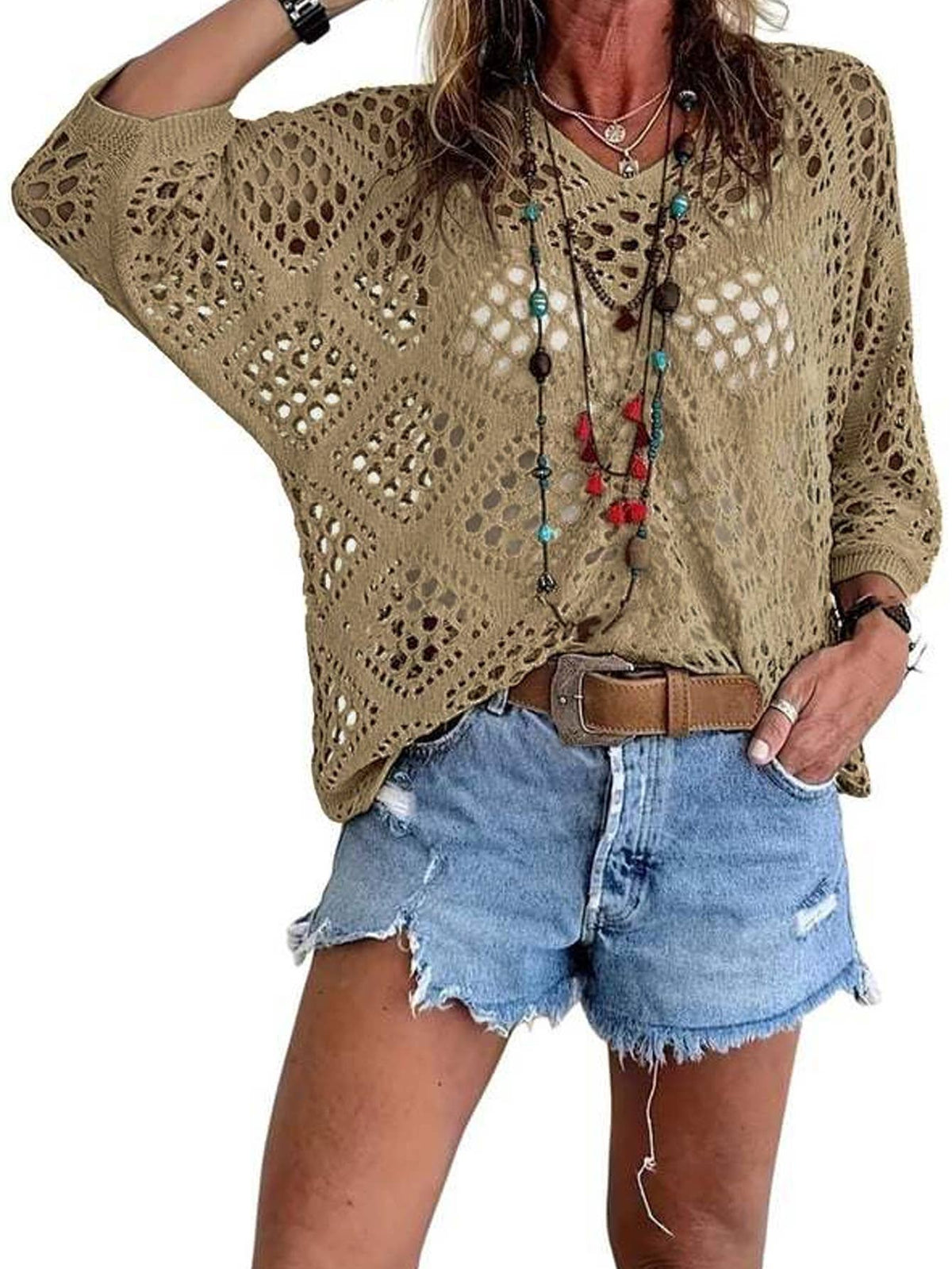Janice - Boho V-Neck Diamond Hollow Batwing Sleeve Sweater