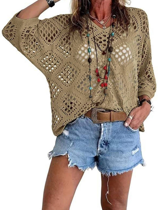 Janice - Boho V-Neck Diamond Hollow Batwing Sleeve Sweater