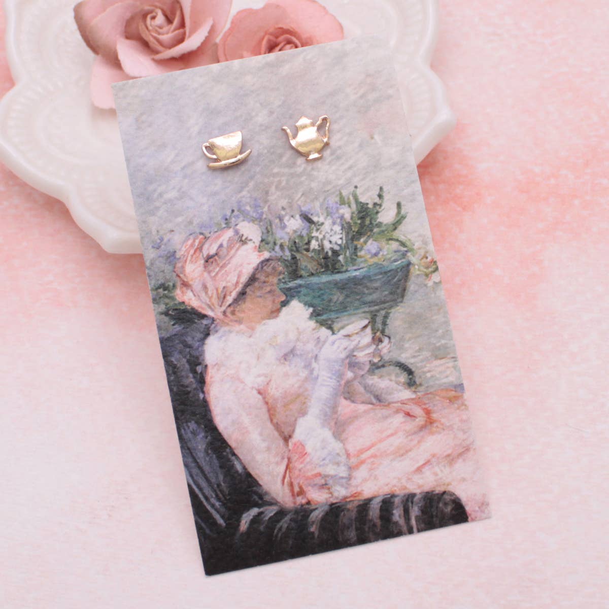 Mary’s Cup of Tea Fine Art Gold Post Earrings