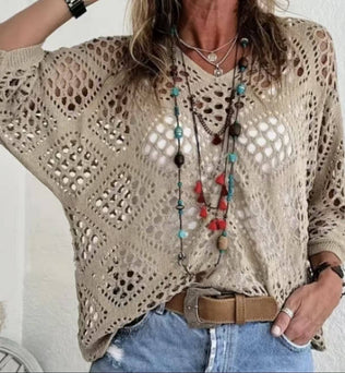 Janice - Boho V-Neck Diamond Hollow Batwing Sleeve Sweater