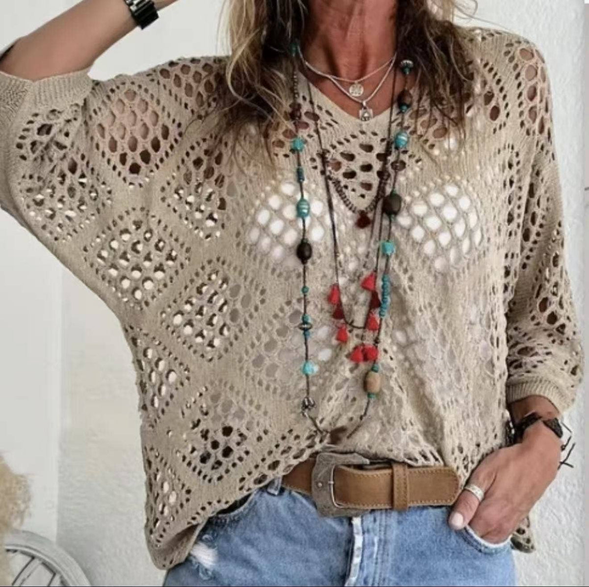 Janice - Boho V-Neck Diamond Hollow Batwing Sleeve Sweater