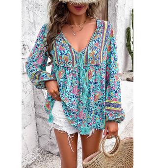 Yaya-Floral Print Cross Deep V Boho Top