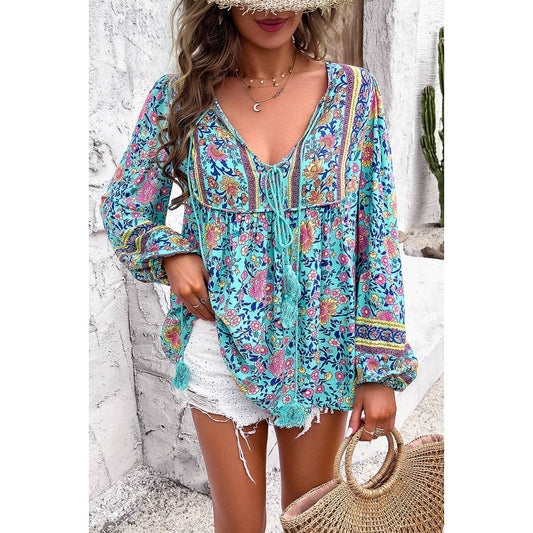 Yaya-Floral Print Cross Deep V Boho Top
