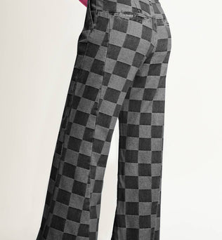 Ainsley Lu-Checkered Wide Leg Jeans