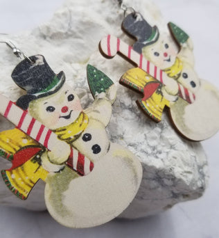 Candy Cane Snowman Christmas Earrings