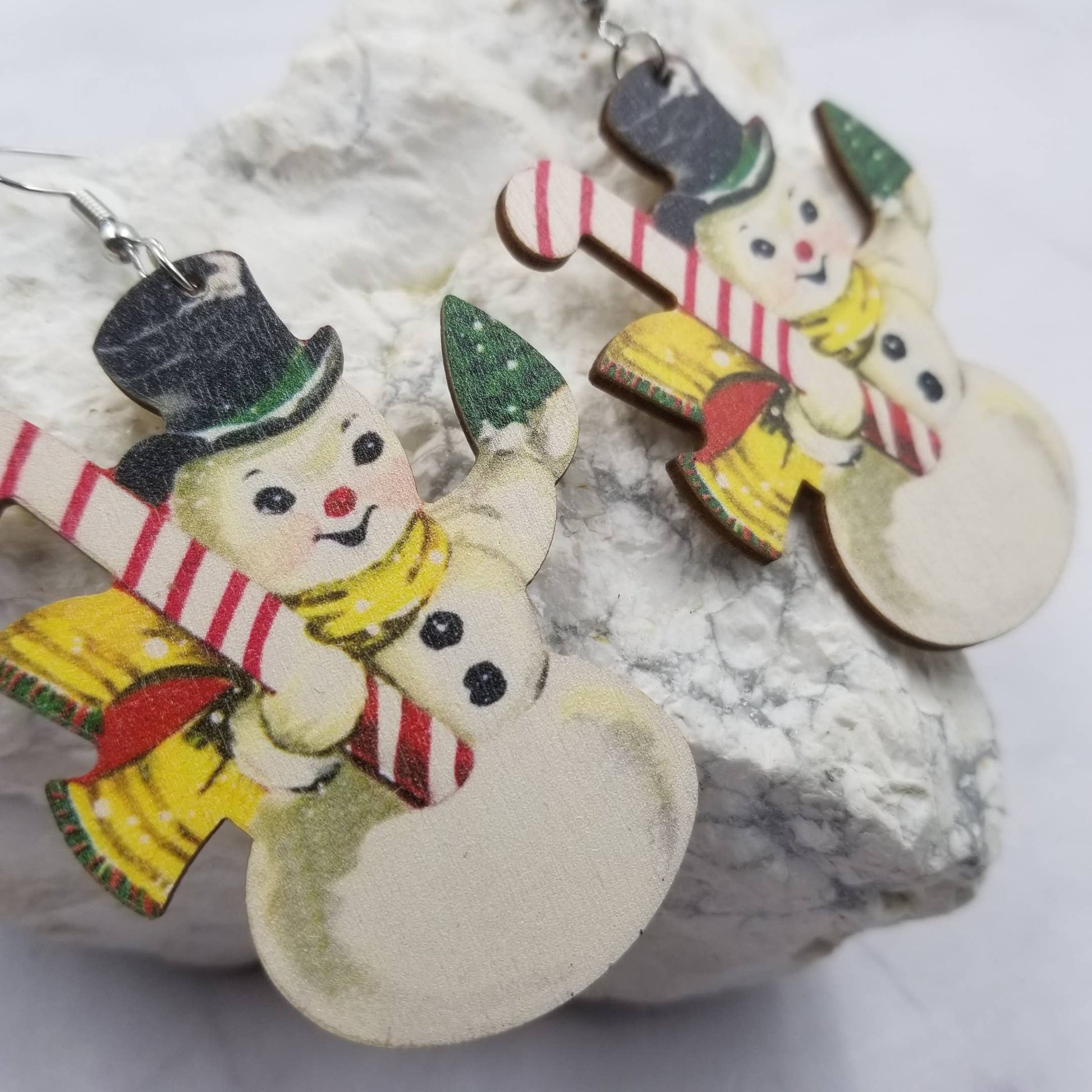 Candy Cane Snowman Christmas Earrings