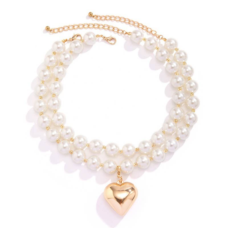 Audrey - PEARL BEADED LAYERED HEART NECKLACE