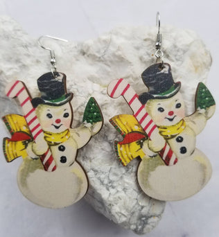 Candy Cane Snowman Christmas Earrings