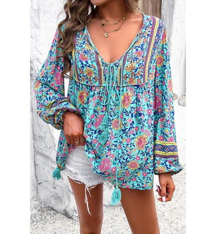 Yaya-Floral Print Cross Deep V Boho Top