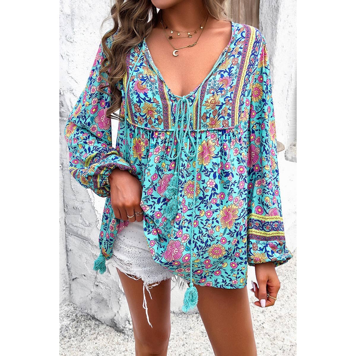 Yaya-Floral Print Cross Deep V Boho Top