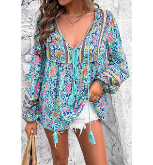 Yaya-Floral Print Cross Deep V Boho Top