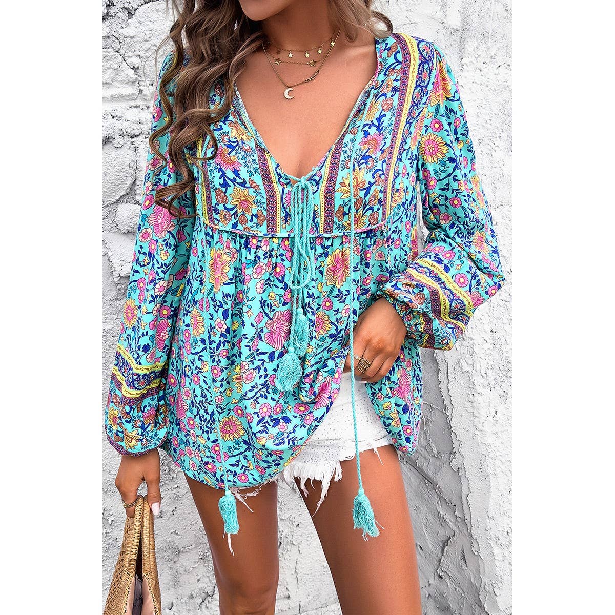 Yaya-Floral Print Cross Deep V Boho Top