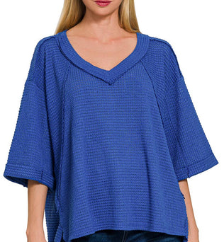 Brushed Waffle Exposed Seam 3/4 Sleeve Top