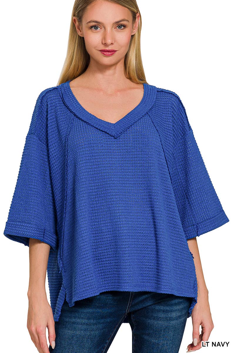 Brushed Waffle Exposed Seam 3/4 Sleeve Top