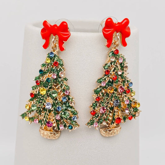 Christmas Tree Rhinestone Red Bow Post Earrings