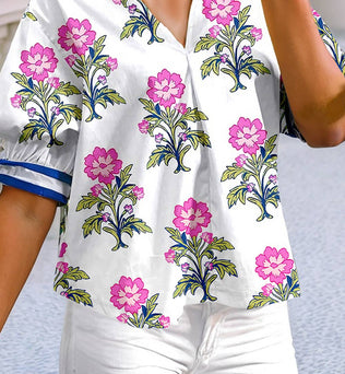 Becky - Floral Colorblock Stripe Knot Bubble Sleeve Blouse