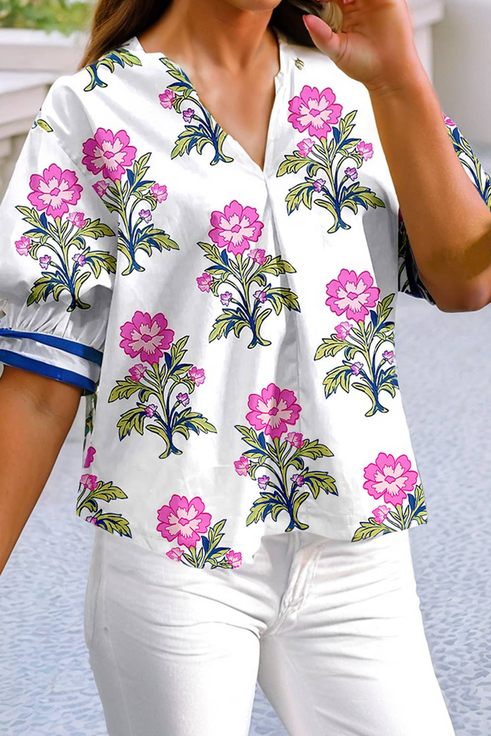 Becky - Floral Colorblock Stripe Knot Bubble Sleeve Blouse