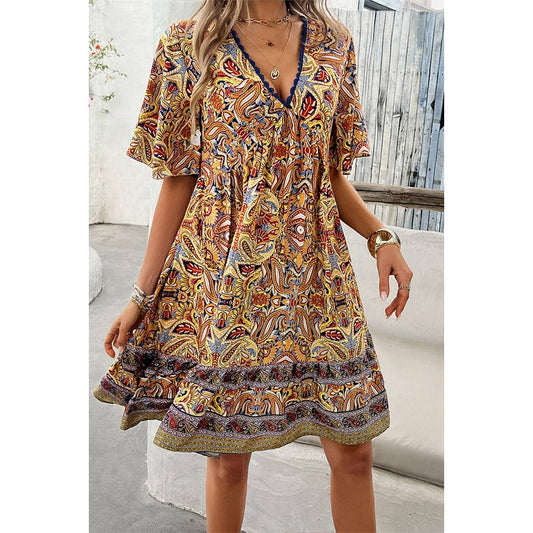 Gigi Dress-Allover Print Lace Trim Loose A Line Dress