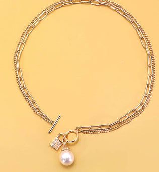Ariel-PEARL LOCK CHARM DOUBLE LAYER TOGGLE NECKLACE