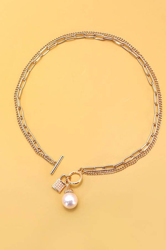 Ariel-PEARL LOCK CHARM DOUBLE LAYER TOGGLE NECKLACE