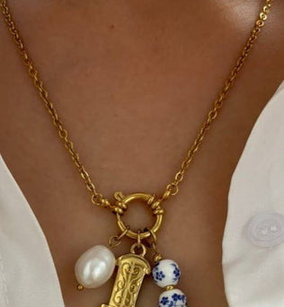 WESTERN FLORAL PORCELAIN PEARL CHARM NECKLACE |