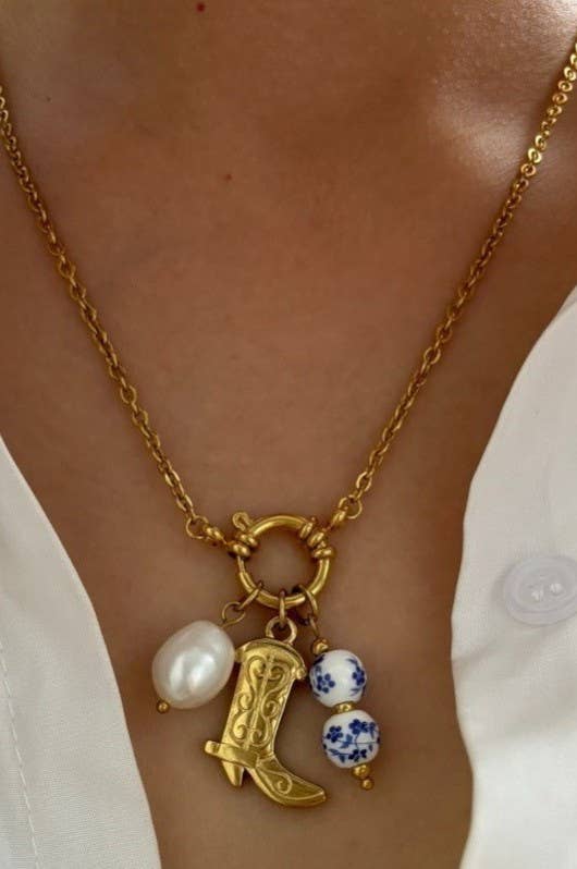 WESTERN FLORAL PORCELAIN PEARL CHARM NECKLACE |