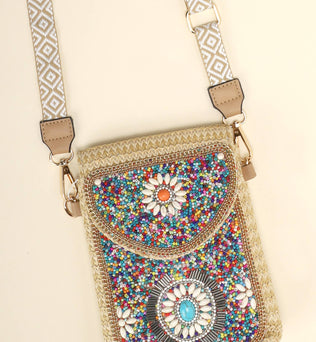 Sophia Collection - Turquoise Beaded Flower Crossbody Bag