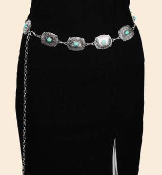 Whitney-Turquoise Studded Oval Concho Chain Belt