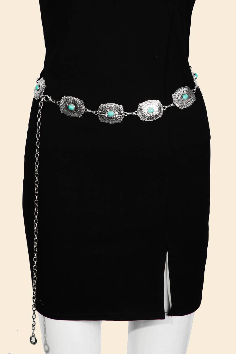 Whitney-Turquoise Studded Oval Concho Chain Belt