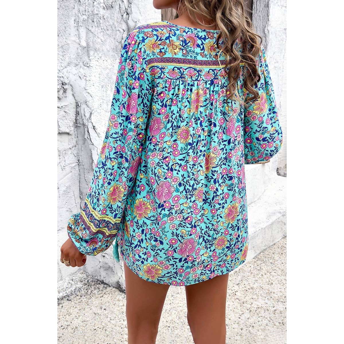 Yaya-Floral Print Cross Deep V Boho Top