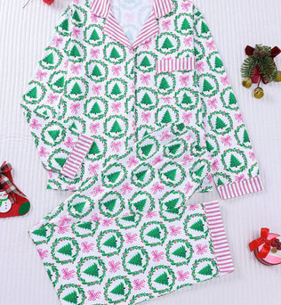 Pink Bow Christmas Trees Long Sleeve Pajama Set