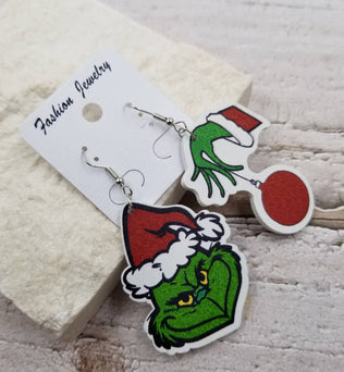 Grinch Christmas Asymmetrical Wood Earrings