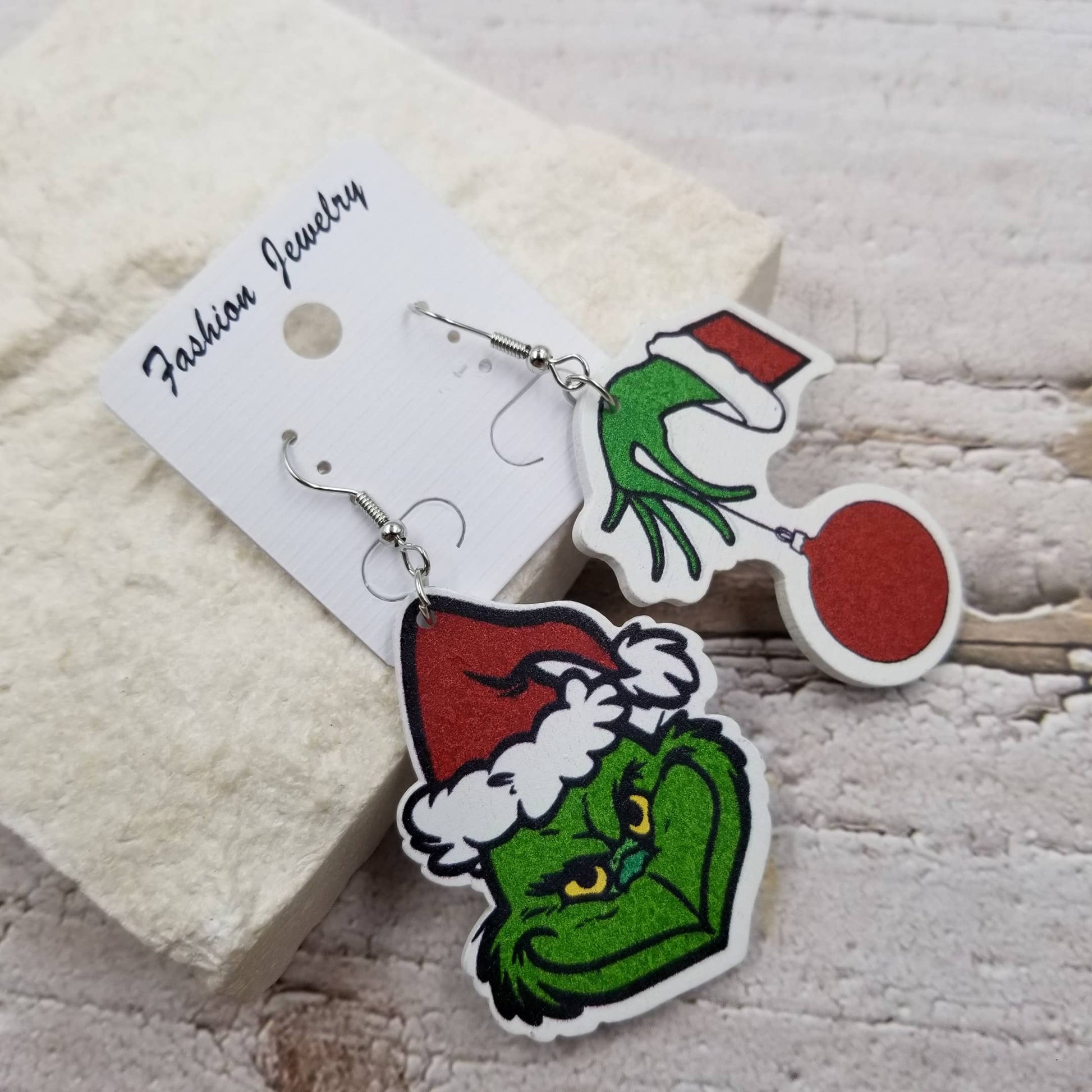 Grinch Christmas Asymmetrical Wood Earrings