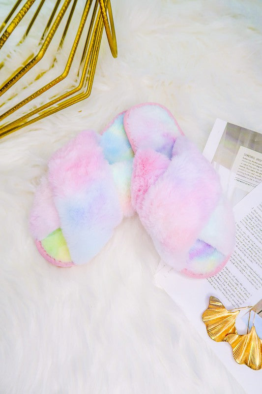Crossed Line Tie Dye Fur Slippers