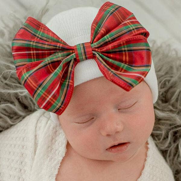 Plaid Christmas Bow for Newborn Girls White Hat