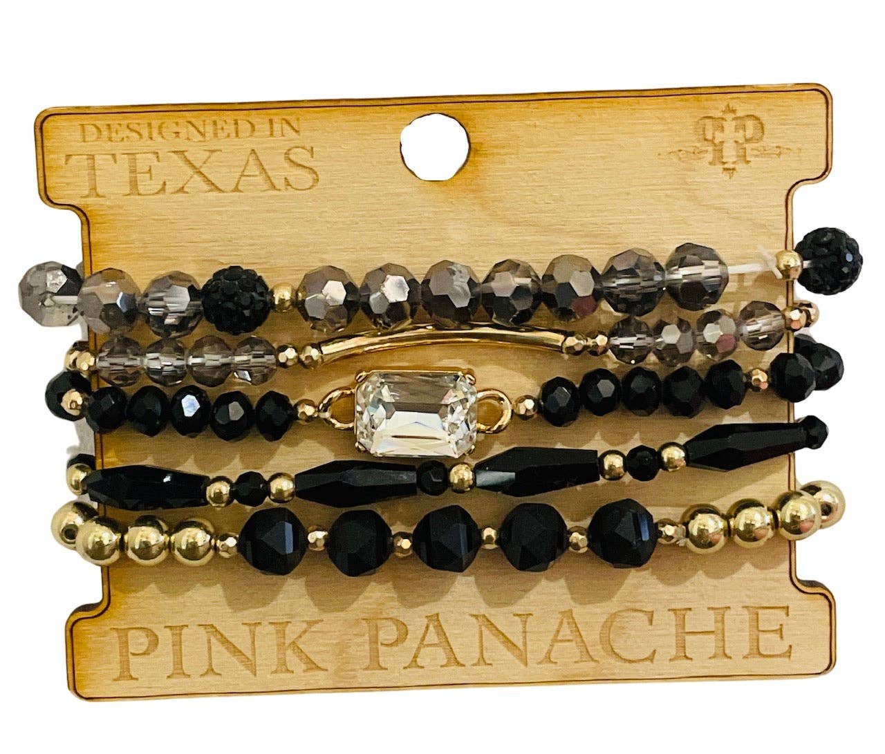 Pink Panache - 1CNC B158 *  5-strand black crystal and gold bead bracelet