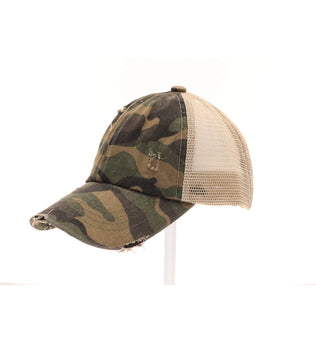 KIDS DISTRESSED CAMOUFLAGE CRISS-CROSS HIGH PONYTAIL CC BALL CAP