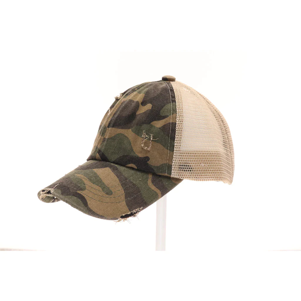 KIDS DISTRESSED CAMOUFLAGE CRISS-CROSS HIGH PONYTAIL CC BALL CAP