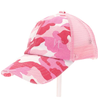 KIDS DISTRESSED CAMOUFLAGE CRISS-CROSS HIGH PONYTAIL CC BALL CAP